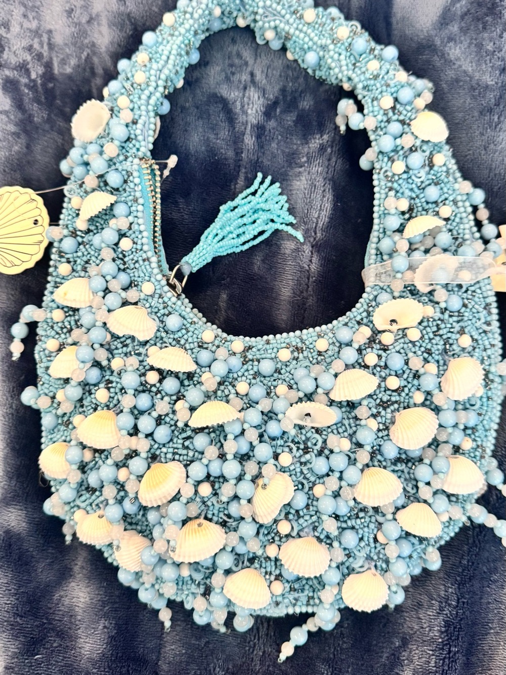 NWT- Handcrafted Blue Beaded Shell Accent Shoulder Bag